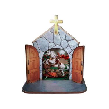 Imagem de Mini Capela Oratório Display Enfeite de Mesa São Jorge 12cm Mdf Madeir