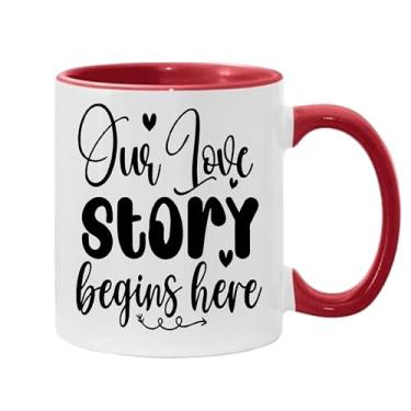 Imagem de SpreadPassion Caneca de café Our Love Story Begins Here, presente para namorado e namorada, ideia de presente de dia dos namorados, presente para marido e esposa, ideia de presente de aniversário do