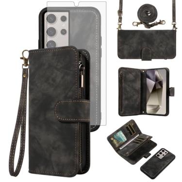 Imagem de Asuwish Capa de celular para Samsung Galaxy S24 Ultra 5G com zíper carteira magnética com protetor de tela de vidro temperado alça transversal flip porta-cartão de crédito S24Ultra 24S S 24 24Ultra