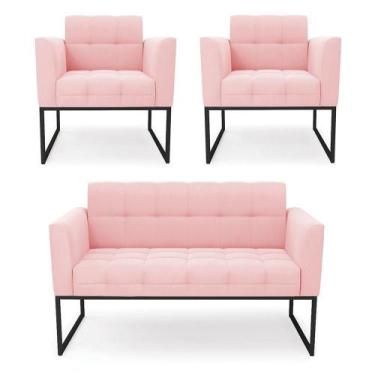 Imagem de Kit 1 Sofá Namoradeira E 2 Poltronas Elisa Suede Rosa Bebê Base Metáli
