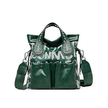 Imagem de Moda Bolsa Feminina Letra Rebite Bolsa de Ombro de Luxo de Couro de Alta Capacidade Bolsa Carteiro Preto de Grande Capacidade(Green,11 * 11 * 4inch)
