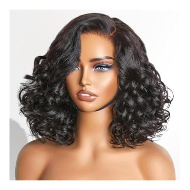 Imagem de JHXIN 200% Density Bouncy Curl Human Hair Wig 13 * 4 Side Part Loose Wave Lace Frontal Wig 230g Black 16 Inch