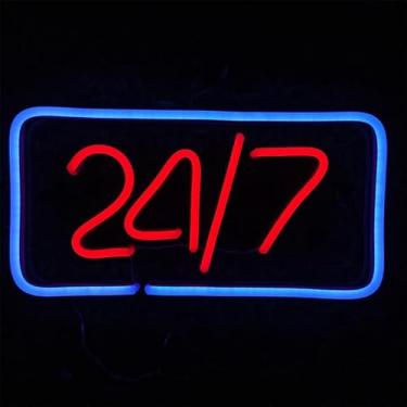 Imagem de Placa neon LED, visor aberto 24 horas por dia, 7 dias por semana, decoração de parede iluminada em azul e vermelho, 40 x 20 cm