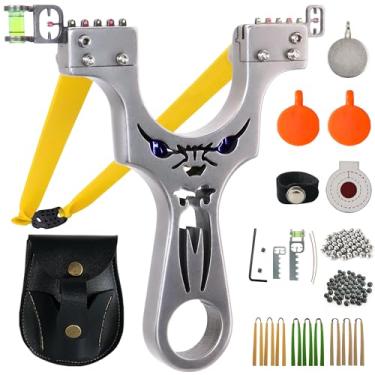 Imagem de AGKCIHVEN Slingshot, tiro de caça para adultos, conjunto profissional de estilingue tático de aço inoxidável com 1 bolsa de munição, 9 bandas planas 4 alvo e 100 bolas de munição para jogo de