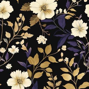 Imagem de XRUIBZI Papel de parede floral escuro descasque e cole papel de parede floral vintage dourado e azul para armário papel de parede autoadesivo à prova d'água para parede de bancada de cozinha 44,5 cm x