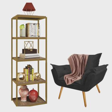 Imagem de Kit Poltrona Fatte com Manta Soft Salmão e Estante Livreiro Ferro Dourado mdf Rústico S...