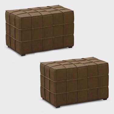 Imagem de Kit 2 Puffs Decorativos Augusto 70cm Sala de Estar Couro Marrom Claro Manchado G88 - Gran Belo
