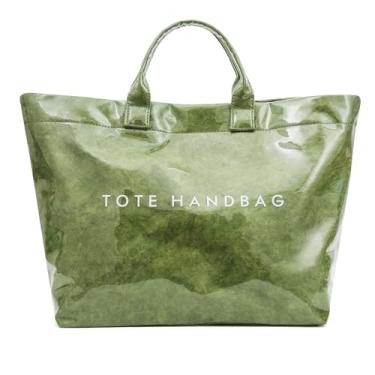Imagem de ALUSBELL Bolsa grande de PVC para mulheres com impressão de letras, bolsa de ombro de papel kraft, bolsa de ombro transparente Hobo para carregar todas as bolsas, Verde