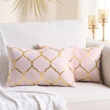 Imagem de Wosendy Conjunto de 2 capas de almofada lombar rosa blush 30,5 x 50,8 cm, capas de almofada decorativas de veludo dourado para sofá, capas de almofada supermacias luxuosas, decoração de casa moderna