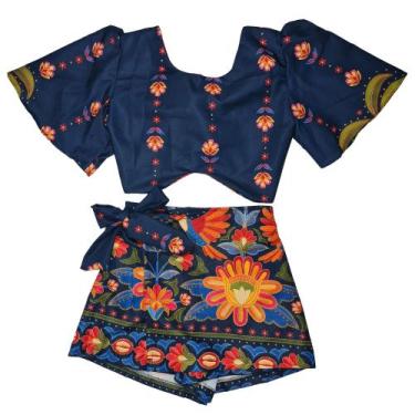 Imagem de Conjunto Infantil Juvenil Short Saia Cropped Amarração - 2L Kids, Azul