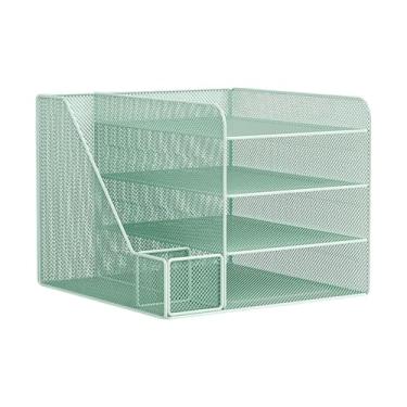 Imagem de Bothyi Bandeja de letra de papel do organizador da área de trabalho 4 Decoração de Decoração de Tier Bookshelf Document Storage Rack para a escola de, Verde