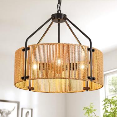 Imagem de GYNAZIX Lustre De Vime Grande De 18,1", 4 Luzes, Preto, Luminária Pendente De Vime, Estilo Boho, Para Sala De Estar, Sala De Jantar, Hall De Entrada, Ilha De Cozinha, E26, Altura Ajustável