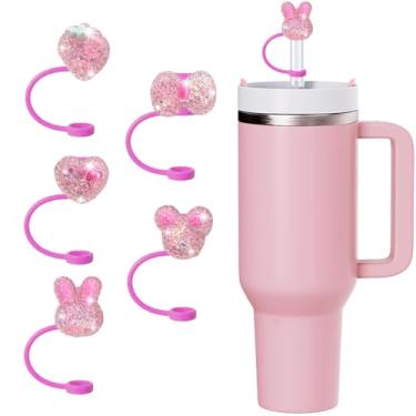 Imagem de 5 peças adorável arco de morango capa de palha de silicone rosa capa de palha para copo Stanley copos 30 e 1,134 g canudos reutilizáveis coelho fofo copo acessórios 8 mm
