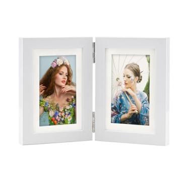 Imagem de SaZiCat Moldura com dobradiça dupla, 10 x 15 cm, com vidro verdadeiro, mesa ou montagem na parede, tela para fotos 3 x 5 e 4 x 6 (com / sem tapete) - branco fosco, para fotos de família e memórias de