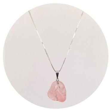 Imagem de Colar Prata 925 com Banho em Platina Quartzo Rosa Polido - Ponte Vecch