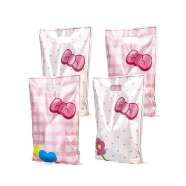 Imagem de ADARRO Pacote com 40 sacos de lembrancinha de festa de gato rosa, lindos sacos de doces de plástico com gravata borboleta e estampas de flores para aniversário, chá de bebê