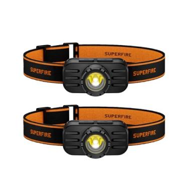 Imagem de SuperFire Lanterna de cabeça recarregável, lâmpada de cabeça leve com zoom, lanterna de LED recarregável, lanterna de cabeça para corrida, pesca, caminhadas, acampamento, ao ar livre (2, laranja)