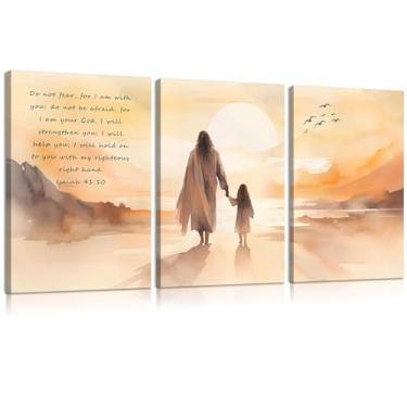 Imagem de 3 peças de arte de parede cristã inspiradora Jesus e menina impressões de pôster em tela Isaías 41:10 pintura de imagem decoração de parede para sala de estar quarto escritório 30 x 40 cm sem moldura