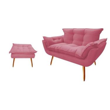 Imagem de Kit Namoradeira +1 Puff Puf Decorativo Opala Suede Rosa Pés Madeira Ms