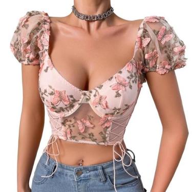 Imagem de Blusa Com Manga Cropped Curta Crop Top Telinha Transparente - Modas Fa