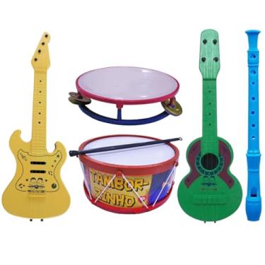 Imagem de Kit Musical Brinquedos Educativo C/5 Instrumentos Tambor Violão Pandeiro Flauta Infantil