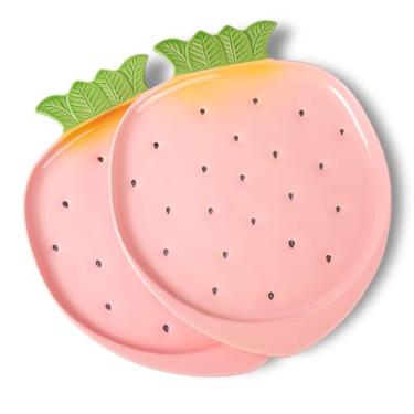 Imagem de Tanirapel Travessas de servir grandes, bandejas de cerâmica de 35,5 cm, pratos de servir de morango para aperitivos de sobremesa/entretenimento/festa, conjunto de 2, rosa e rosa