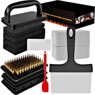 Imagem de Kit de limpeza de chapa para Blackstone. Ferramenta de limpeza de acessórios de grelha plana com raspador durável, escova de grelha, tijolos de limpeza e almofadas de limpeza Blackstone Kit de limpeza