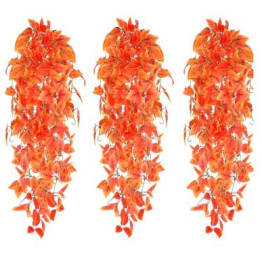Imagem de Elecxlink 3 peças de plantas artificiais para pendurar com videira artificial Pothos hera - 110 cm laranja falsa para pendurar em ambientes internos e externos, decoração de outono para casa