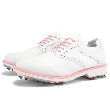 Imagem de ZHENSI Spikes Tênis de golfe feminino à prova d'água para treinamento de golfe de couro com cadarço antiderrapante, Rosa, 36 BR