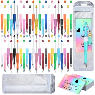 Imagem de Yeaqee Kit de 150 canetas com contas, 50 canetas esferográficas coloridas de plástico com contas a granel, 50 cartões de agradecimento com 50 sacos de embalagem que podem ser fechados para escola