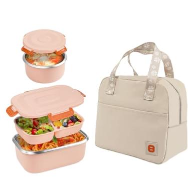 Imagem de BEVISS Caixa Bento, lancheira de aço inoxidável 18/8, recipientes PP5 empilháveis para adultos, recipientes de almoço incluem um pote de comida isolado e bolsa para escritório ou exterior, rosa