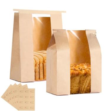 Imagem de Pacote com 200 sacos de pão de papel grandes para pão caseiro com trava de lata, saco de pão Kraft de massa fermentada de 35,5 x 21 x 9 cm com janela frontal transparente, adesivo de etiqueta incluído