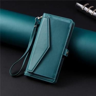 Imagem de HJZSZX Para iPhone 12 Mini Long Lanyard Couro Carteira Cartão Telefone Capa Mão Corda Flip Cover (Para iPhone 12 Mini/verde)