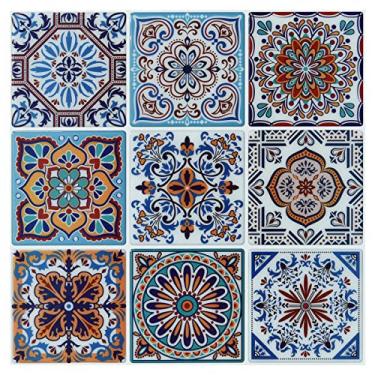 Imagem de LONGKING Adesivos de azulejo para destacar e colar, azulejos mexicanos coloridos Talavera, colar em azulejos de parede (10 folhas)