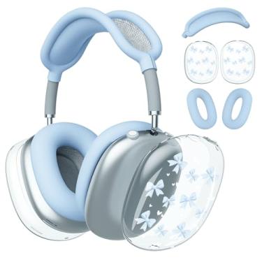 Imagem de BlHMCASE Capa de fone de ouvido para AirPods Max, capa de fone de ouvido transparente com laço fofo, capa de silicone azul para fones de ouvido para Apple AirPods Max