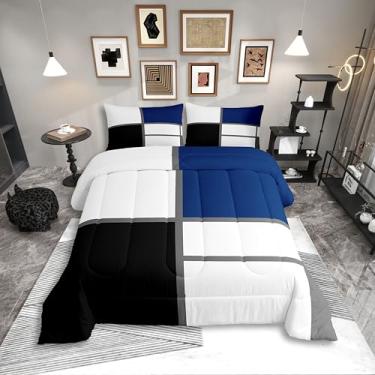 Imagem de Erosebridal Conjunto de edredom Queen geométrico abstrato para adultos, mulheres, homens, azul e branco, listrado, geométrico, quadrado, arte moderna, conjunto de colcha minimalista