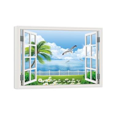 Imagem de Paisagem Impressões em Tela-Pássaro palmeira mar-Janela Falsa Quadro de Parede-Natureza Pintura para Decoração Banheiro 50x70cm Tela Embrulhada