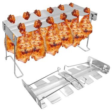 Imagem de BaokiTook Suporte de baqueta - 2 conjuntos de suporte de perna de frango para churrasqueira, 12 compartimentos, suporte de baqueta de aço inoxidável durável, suporte de torrefador para churrasqueira