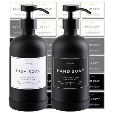 Imagem de Verute Garrafas de vidro recarregáveis de 473 ml – Conjunto de 2 garrafas decorativas reutilizáveis com 12 etiquetas à prova d'água, bombas de aço inoxidável, almofadas de silicone, recipientes redondos modernos Boston (preto fosco/bomba preta)