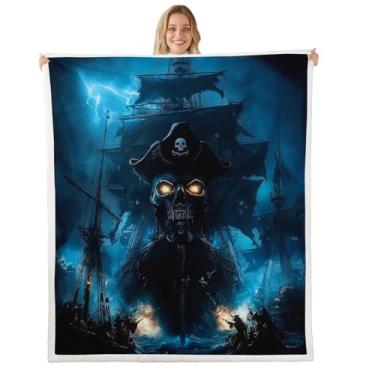Imagem de Cobertor de flanela de lã capitão pirata, aventura náutica, navio pirata, cobertor para cama de sofá, 101,6 cm x 127 cm, cobertor de pelúcia para cama de onda do mar de guerra do mar, cobertor leve