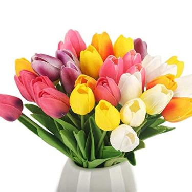 Imagem de Flores de tulipas de poliuretano, flores de tulipas artificiais, flor de toque real, 30 peças, cor aleatória, artificial