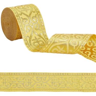 Imagem de GORGECRAFT Fita jacquard dourada metálica de 2,5 m, acabamento de fita jacquard de 3,5 cm, bordada, floral, franja, poliéster, étnica, fita plana para bolsa, chapéu, roupas, acessórios, enfeite para