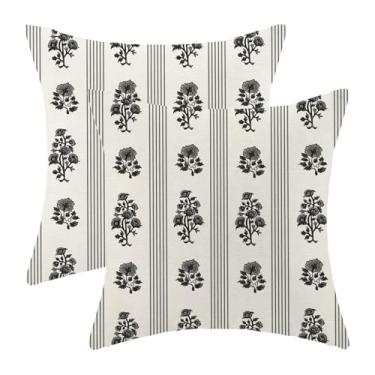 Imagem de Conjunto de capas de almofada Boho 45,7 x 45,7 cm com estampa de blocos, preto e cinza, listras florais, decoração ao ar livre, capa de almofada de linho decorativa de casa de fazenda para sofá