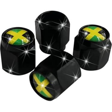 Imagem de 4 tampas de haste de válvula de pneu bandeira jamaicana, tampa de válvula de ar preta de metal, tampas de haste de roda de carro de alumínio, capas de haste universais para carros, caminhões