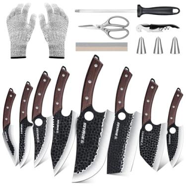 Imagem de Conjunto de 15 facas de açougueiro cutelo de carne, conjunto de facas forjadas à mão para cozinha, conjunto de facas japonesas de alto carbono com bolsa e 6 acessórios, faca de desossar para cortar