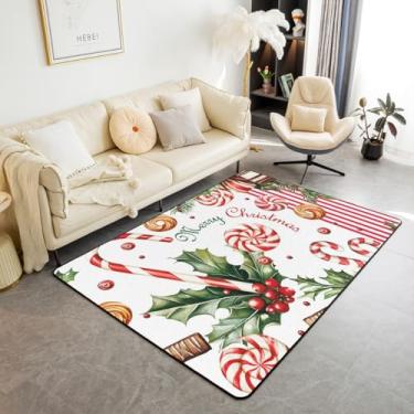 Imagem de Tapete de Feliz Natal 1,5 x 1,80 m, tema de Natal, estampa de biscoito doce, tapete decorativo para decoração de cabeceira de sala de estar, planta de folhas de baga, listras vermelhas, branco