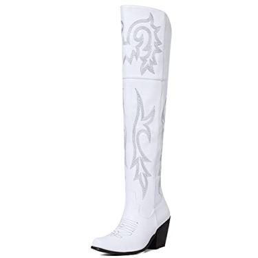 Imagem de VOMIRA Botas de cano alto para mulheres, bico fino, salto de cortiça, vintage, bordado, cowgirl, acima do joelho, Branco, 39