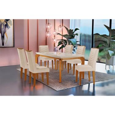 Imagem de Sala de Jantar Completa Londrina Tampo Madeirado c/ Vidro Curvo 180x90cm e 6 Cadeiras Londrina Capuccino/Suede Creme - Rufato