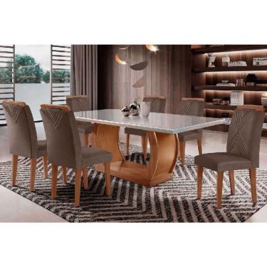 Imagem de Sala de Jantar Completa Jade Tampo Madeirado c/ Vidro Curvo 180x90 e 6 Cadeiras Amsterdã Imbuia/Suede Capuccino - Rufato