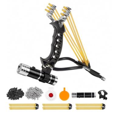 Imagem de Xguis Conjunto de estilingue de caça profissional, estilingue de pulso ajustável para adultos com 100 bolas de munição e 3 elásticos